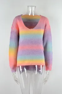 Detailed front view of a vibrant rainbow gradient V-neck knitted pullover sweater on a mannequin