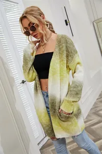 Detailed view of women's loose tie-dye gradient knit cardigan in green and yellow