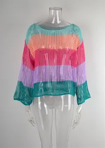 Detailed view of colorful rainbow striped hollow-out crochet knit cover-up for summer