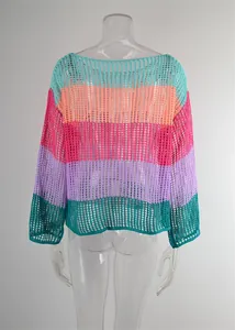 Rear view of a colorful striped crochet hollow-out cover-up on a transparent mannequin.