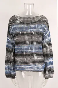 Detailed view of a multi-colored striped hollow knit beach top with elegant boat neck