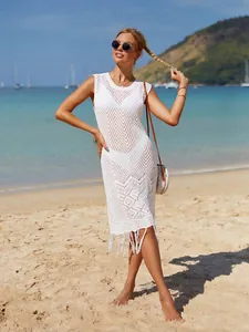Copricostume da Spiaggia da Donna all'Uncinetto con Nappe e Trafori Abito Senza Maniche Boho in Maglia Tinta Unita Lungo