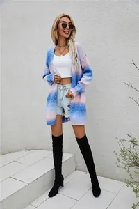 Stylish oversized rainbow tie-dye knit cardigan in a long-length open front design
