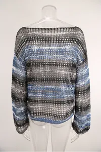 Detail view of the back of a colorful striped hollow-out crochet beach cover-up top.