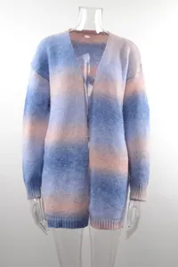 Front view of an ombre gradient long-sleeved knit cardigan with blue and pink hues