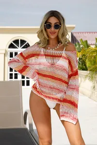 Bohemian multi-colored striped crochet beach cover-up featuring off-shoulder long sleeves