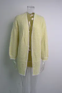 Cozy yellow and white chevron pattern knit cardigan in a mid-length open front style