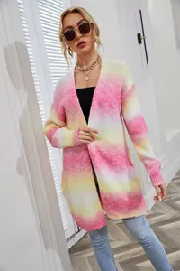Woman wearing a colorful rainbow tie-dye mid-length loose knit open cardigan sweater