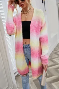 Rainbow tie-dye loose knit long cardigan sweater shown in a stylish full outfit view