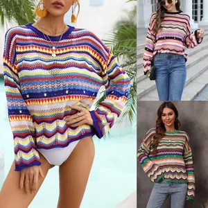 Copricostume Da Bagno Bohémien All'uncinetto Traforato Da Donna Con Vivace Motivo A Righe Zigzag Multicolore E Maniche Lunghe