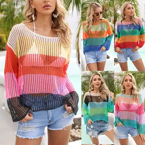 Women Rainbow Striped Crochet Cover Up Hollow Out Knit Long Sleeve Beach Resort Sun Protection Pullover Top
