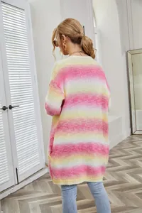 Back view of a vibrant fuzzy rainbow tie-dye long cardigan with a cozy loose fit