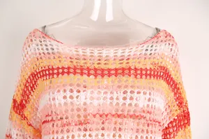 Detail showing hollow knit texture and colorful stripes of the boat neck beach top