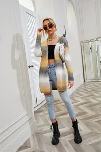 Casual long rainbow tie-dye knit cardigan in oversized style for a trendy street look.