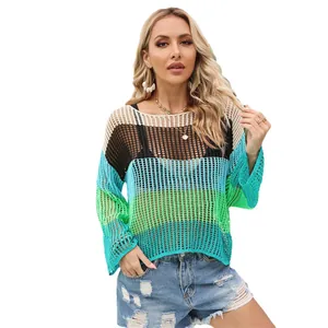 Colorful bohemian rainbow striped hollow-out knit cover-up sweater for summer beach vacation