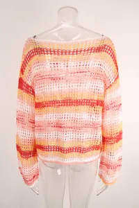 Detailed back view of a colorful striped hollow-out mesh beach cover-up with boat neck.