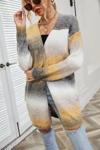 Detailed view of the ombre gradient knit texture on a mid-length open cardigan