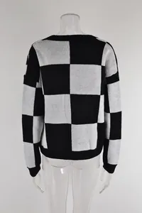 Back view of premium black and white checkerboard knit sweater for women spring style