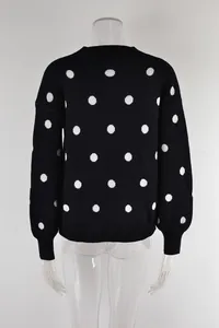 Detailed back view of a black knitted pullover sweater with white polka dots pattern