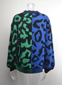 Rückansicht eines lebhaften zweifarbigen Strickpullovers mit Leopardenmuster in Grün und Blau