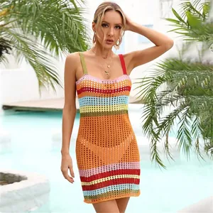 Colorful striped crochet beach cover-up mini dress for summer resort fashion