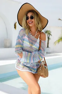 Bohemian colorful striped crochet beach cover-up featuring off-the-shoulder long sleeves