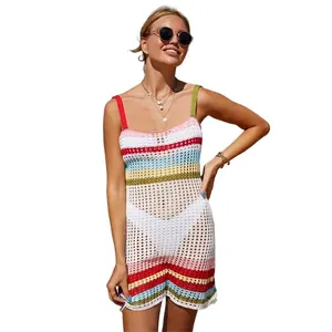 Chic crochet patchwork beach cover-up dress with colorful stripes