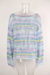 Detailed view of hollow mesh knit top featuring pastel rainbow stripes and boat neck design