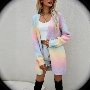 Rainbow tie-dye long sleeve open front cardigan sweater for women in casual style