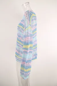 Side view of pastel rainbow hollow knit long sleeve mesh beach sun protection top