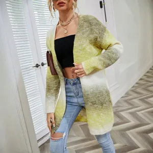 Stylish green ombre tie-dye longline knit cardigan for women with loose fit design.