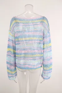 Rear view of a colorful striped hollow-out crochet knit beach cover-up on a mannequin