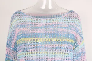 Detailed close-up of a pastel hollow-out knit beach cover-up with off-shoulder neckline