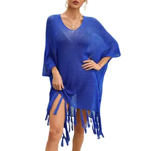 Elegant royal blue knitted beach cover-up dress with fringe hem and deep V-neck for summer