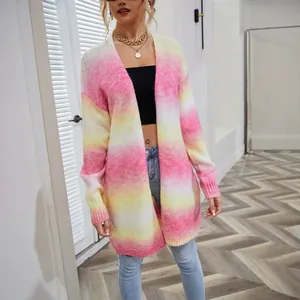 Stylish rainbow tie-dye long-line open-front knit cardigan for women in loose fit