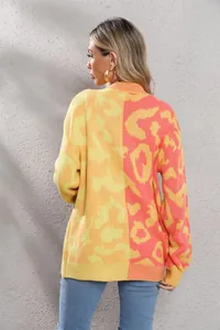 Rückansicht eines lebhaften Strickpullovers mit Leopardenmuster und geteilten Farben