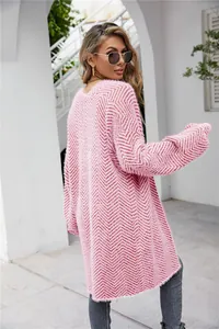 Detailed back view of a fuzzy pink and white chevron pattern knit cardigan for women