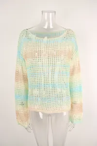 Detailed view of colorful hollow-out knit beach top with boat neck and long sleeves