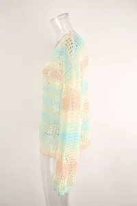 Side view of a colorful hollow-out mesh long sleeve beach cover-up sunshade sweater