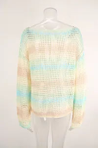 Back view of colorful striped hollow crochet long-sleeve beach cover-up sun top