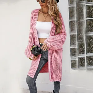 Oversized pink and white chevron knit long cardigan jacket for women street style winter wear