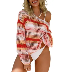 Colorful striped hollow crochet beach cover-up with one-shoulder design and long sleeves
