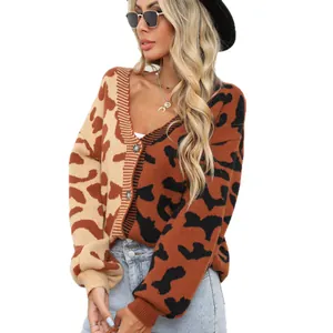 Cardigan leopardato patchwork con scollo a V e bottoni, maglione oversize in maglia da donna
