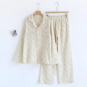 Detailed view of pastoral style floral print pure cotton gauze long-sleeve pajama set