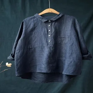 Camicia ampia a maniche lunghe in misto lino e cotone con colletto a rever e taschino
