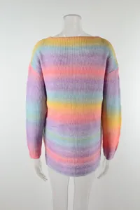 Back view of rainbow gradient knit sweater showing texture and color transitions.