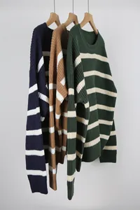Close-up detail of the knit texture and color options for retro striped sweaters.