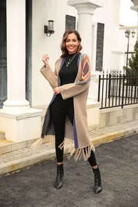 Stylish long knit cardigan for women with colorful geometric patterns and elegant tassel hem
