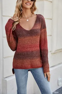 Detail showing the gradient color and knit texture of the women's V-neck sweater