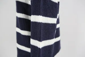 Detailed close-up view of navy blue and white striped knit sweater texture and seam
